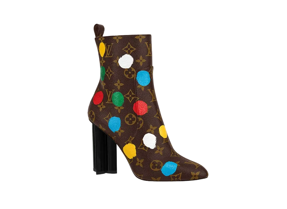 Louis Vuitton x Yayoi Kusama Silhouette Ankle Boot 10cm Heel Monogram Painted Dots "Cacao"