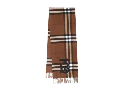 Burberry Rabbit Embroidered Check Cashmere Scarf "Dark Birch Brown"
