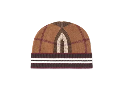 Burberry Check and Stripe Cashmere Beanie "Dark Birch Brown"