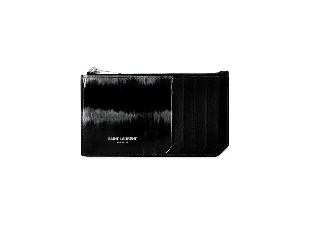 Saint Laurent Paris Fragment Zipped Credit Card Case In Brushed Patent Leather "Black/Ivory"