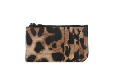 Saint Laurent Paris Fragments Zipped Card Case In Grained Leather "Beige/Brown"
