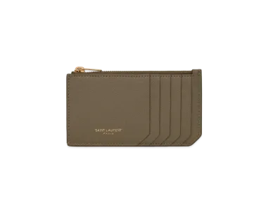 Saint Laurent Paris Fragments Zipped Card Case In Grain De Poudre Embossed Leather "Light Fern"