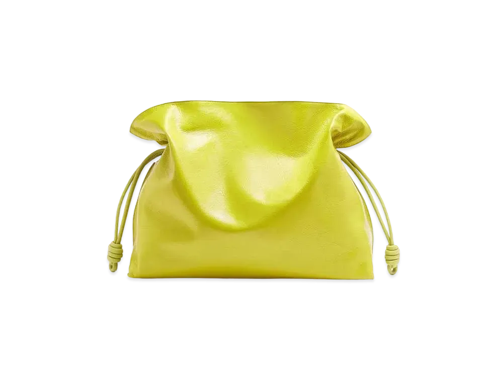 LOEWE XL Flamenco Clutch In Crackle Patent "Lime Yellow"