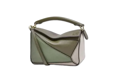 LOEWE Mini Puzzle Bag In Classic Calfskin "Autumn Green/Light Oat"