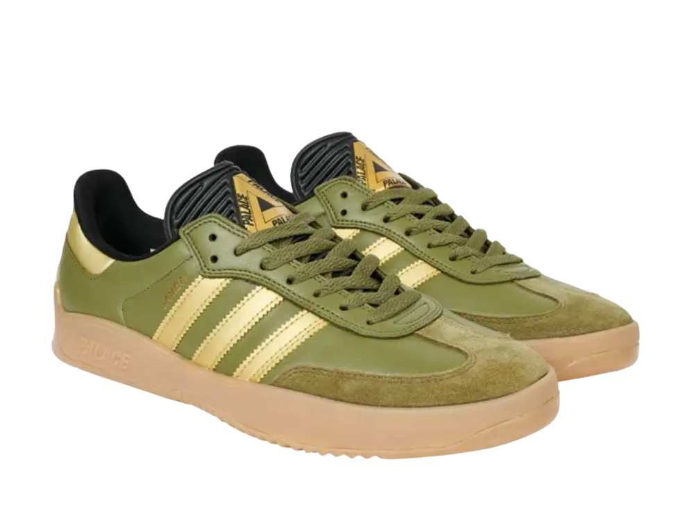 Palace × adidas Puig Samba "Focus Olive/Gold Metalic/Gum"