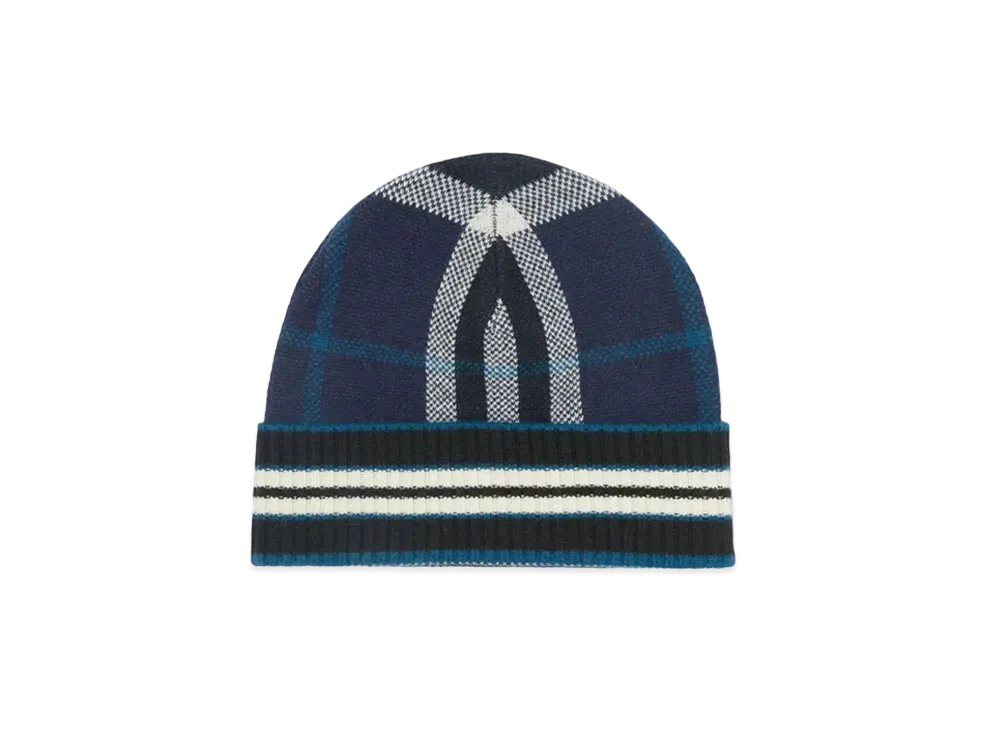 Burberry Check and Stripe Cashmere Beanie "Navy"