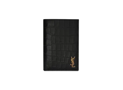Saint Laurent Tiny Cassandre Credit Card Wallet In Crocodile-Embossed Matte Leather "Black"
