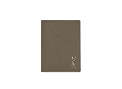 Saint Laurent Tiny Cassandre Credit Card Wallet In Grained Leather "Dark Khaki"