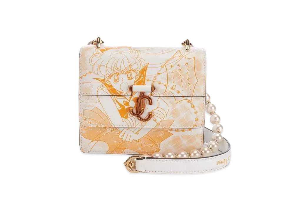 Jimmy Choo x Pretty Guardian Sailor Moon Sailor Venus Varenne Quad XS Manga Printed Leather Shoulder Bag With Pearl Strap "Orange"