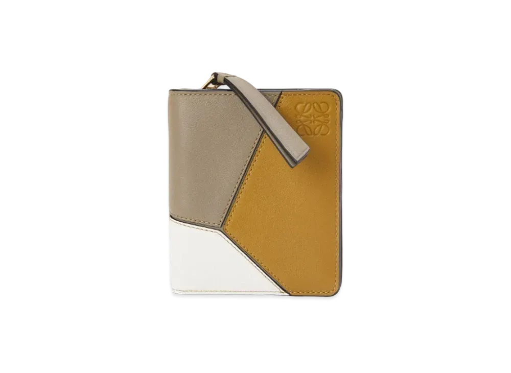 LOEWE Puzzle Compact Zip Wallet In Classic Calfskin "Ochre/Laurel Green"