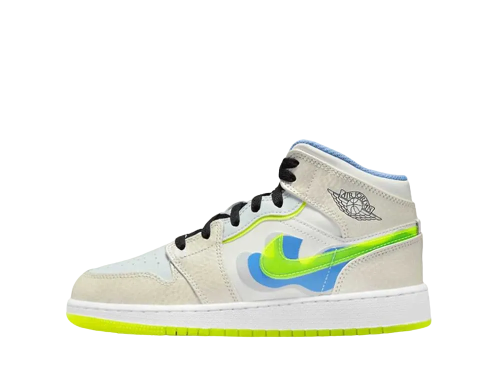 ナイキ GS エアジョーダン1 ミッド SE "プラチナム ティント/ブルー ティント/ユニバーシティ ブルー/ボルト"