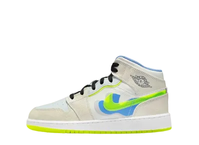 Nike GS Air Jordan 1 Mid SE "Platinum Tint/Blue Tint/University Blue/Volt"
