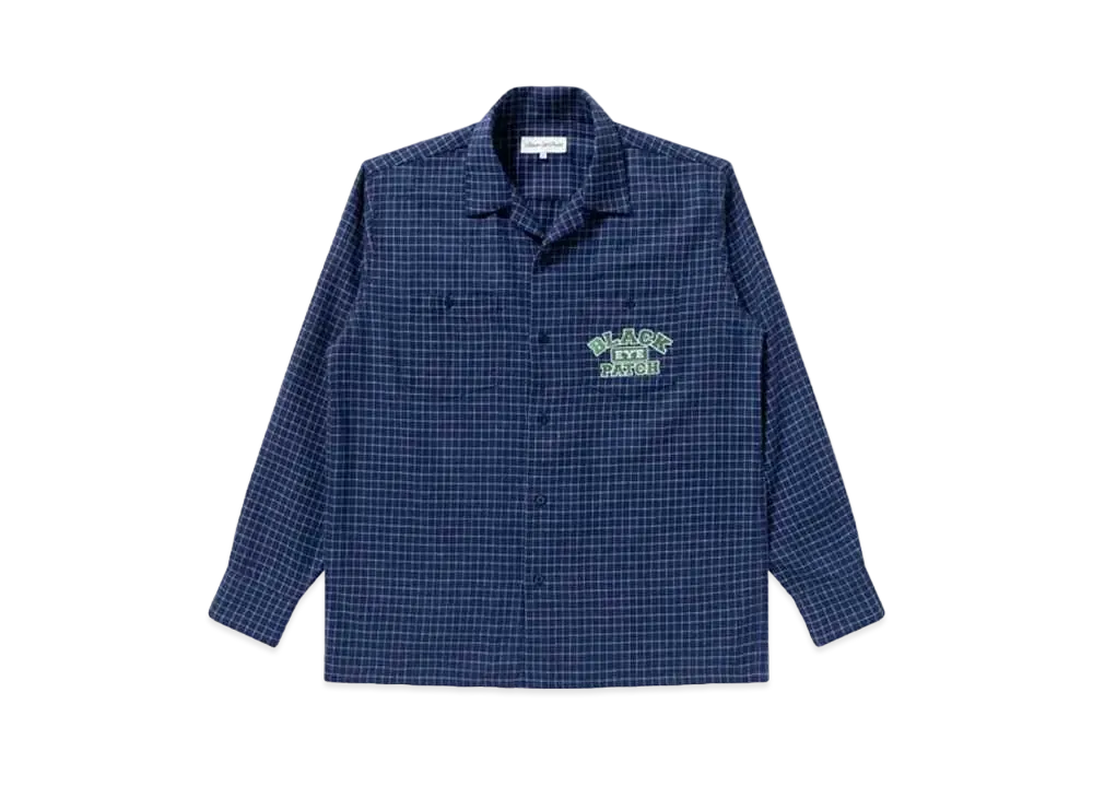 Black Eye Patch Grid Patterned Open Collar Shirt "Blue"