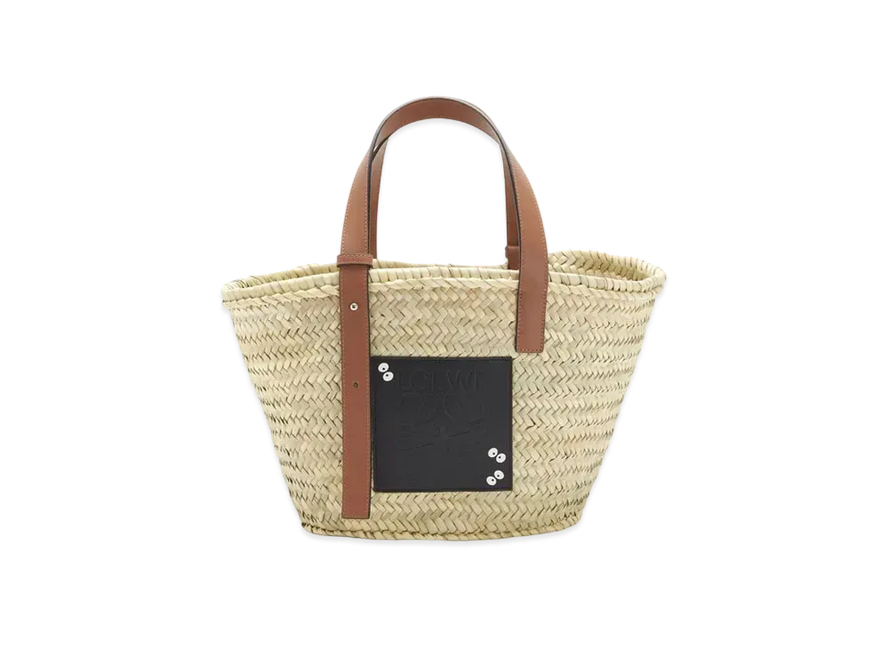 LOEWE x My Neighbor Totoro Dust Bunnies Small Basket Bag In Palm Leaf and Calfskin "Black/Tan"