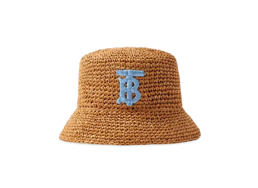 Burberry Monogram Motif Raffia-effect Bucket Hat "Blue/Beige"