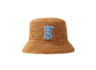 Burberry Monogram Motif Raffia-effect Bucket Hat "Blue/Beige"