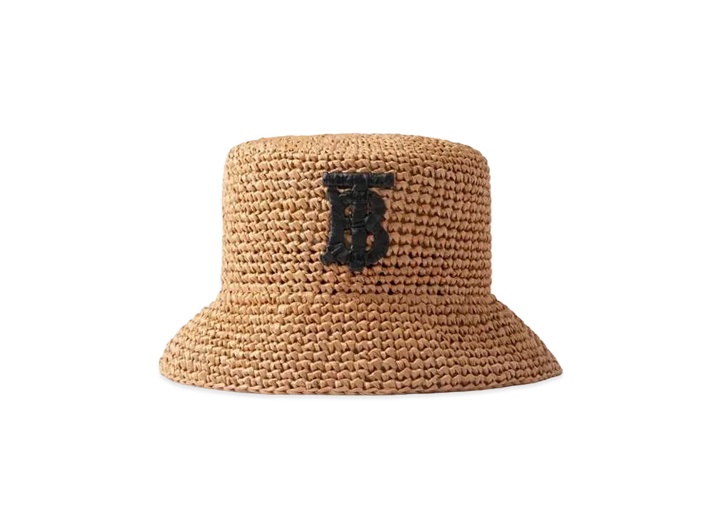 Burberry Monogram Motif Raffia-effect Bucket Hat "Black/Beige"