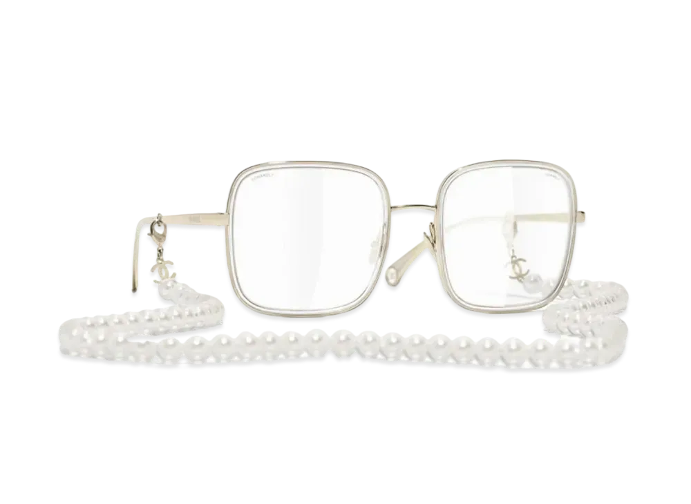 CHANEL Square Sunglasses Metal Resin & Glass Pearls Transparent Lenses "Gold"