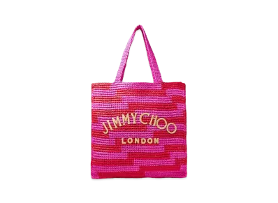 Jimmy Choo Beach Tote S Avenue Crochet Tote Bag "Fuchsia/Paprika/Ecru"