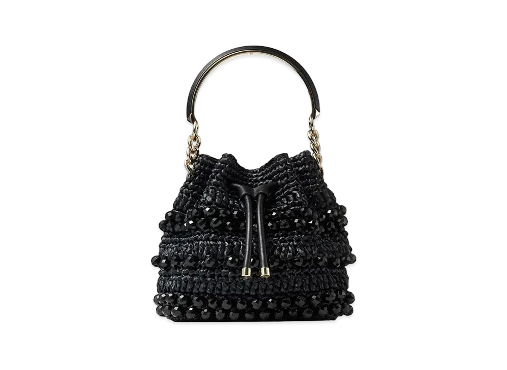Jimmy Choo Bon Bon Bucket S Beaded Raffia and Smooth Leather Tote Bag "Black/Light Gold"