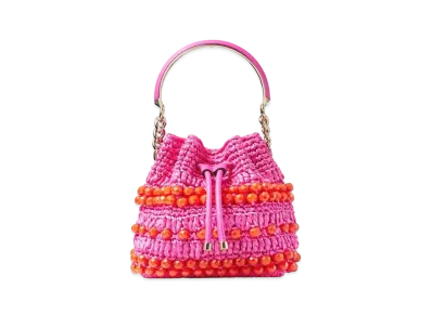 Jimmy Choo Bon Bon Bucket S Beaded Raffia and Smooth Leather Tote Bag "Fuchsia/Paprika/Light Gold"