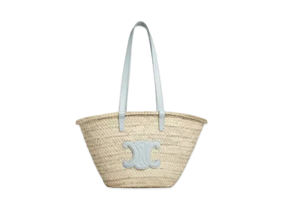 CELINE Medium Triomphe Celine Classic Panier In Palm Leaves and Calfskin "Soft Blue"