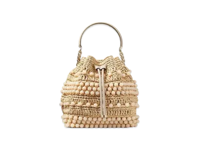Jimmy Choo Bon Bon Bucket Beaded Raffia and Smooth Leather Tote Bag "Natural/Light Gold"