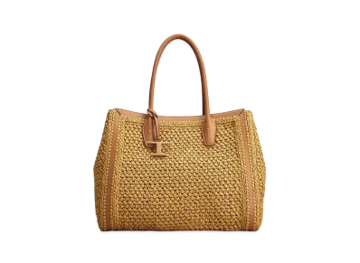 TOD'S Shopping Bag In Raffia and Leather Medium "Beige/Brown"