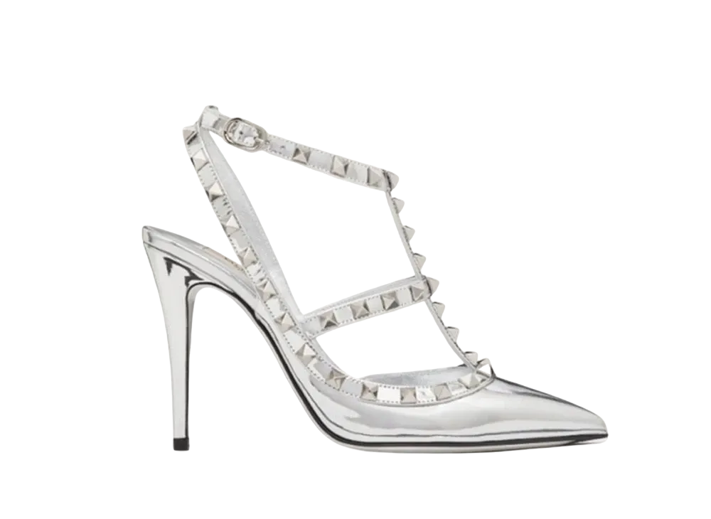 Valentino Rockstud Mirror-Effect Pump With Matching Straps and Studs 100mm "Silver"