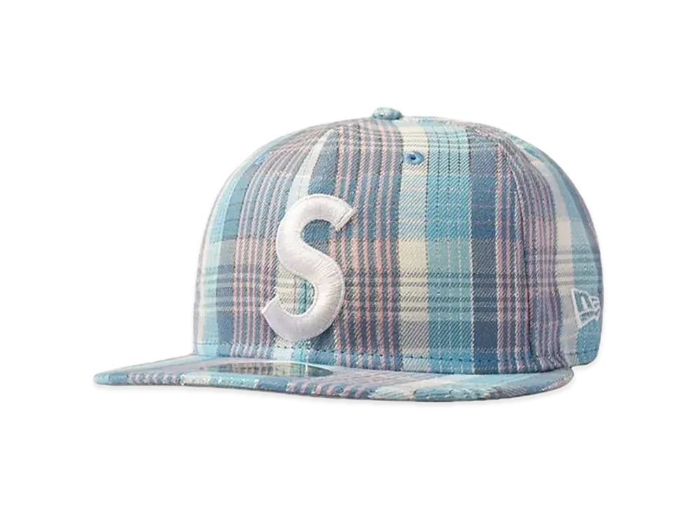 Supreme Metallic Plaid S Logo New Era "Light Blue"
