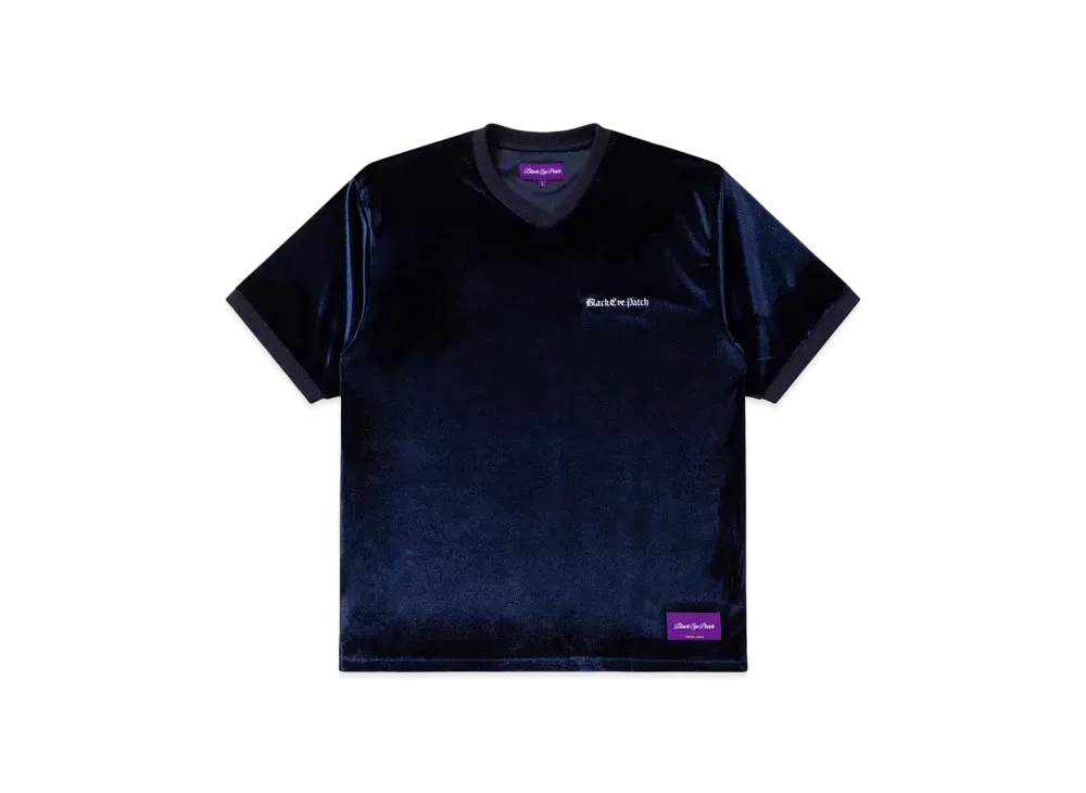 Black Eye Patch Blackletter V Neck Velour Tee "Navy"