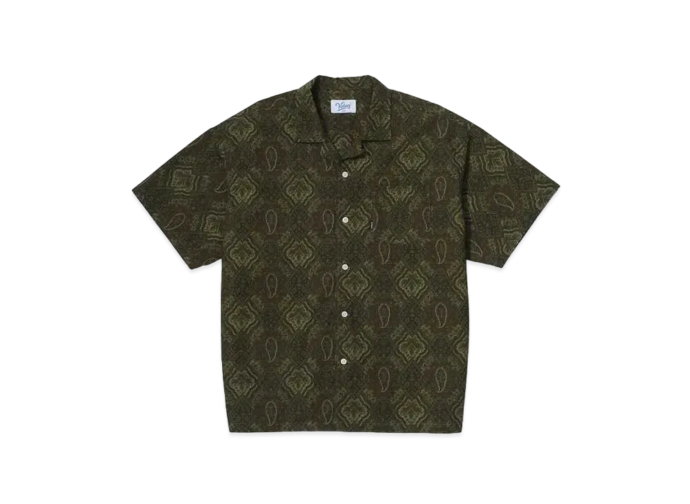 KEBOZ Paisley Rip Stop Open Collar Shirt "Green"