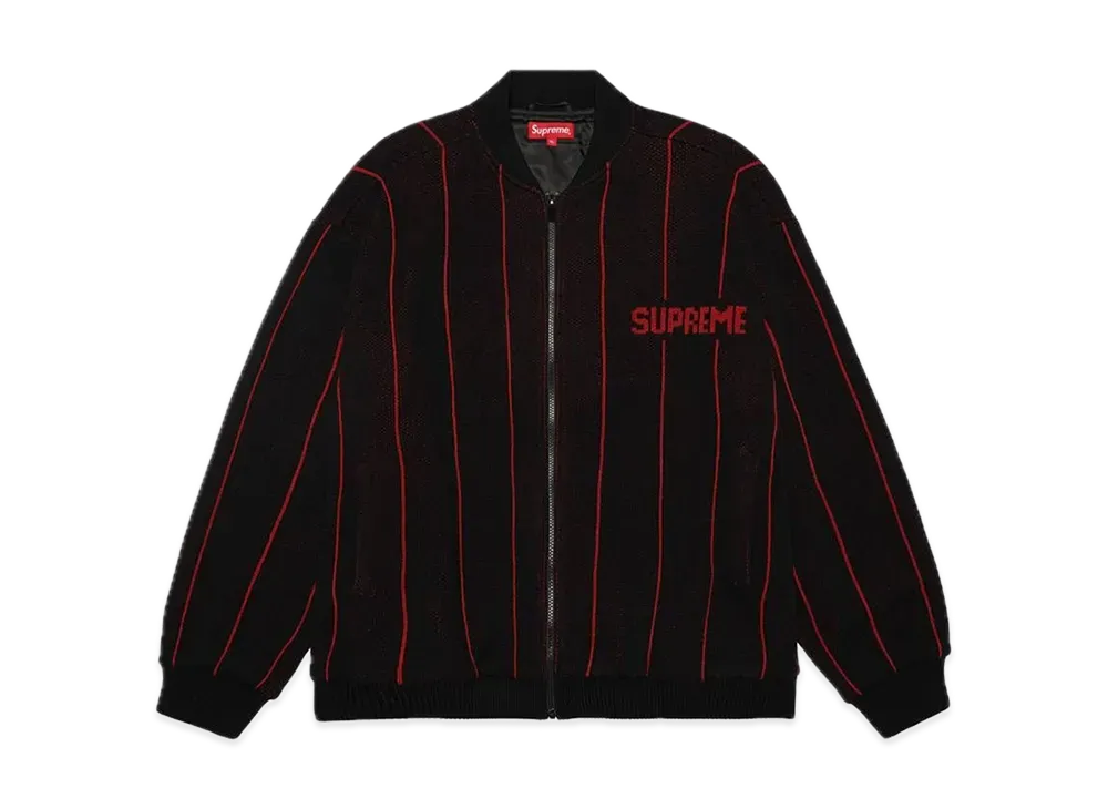 Supreme Pinstripe Varsity Zip Up Sweater "Black"