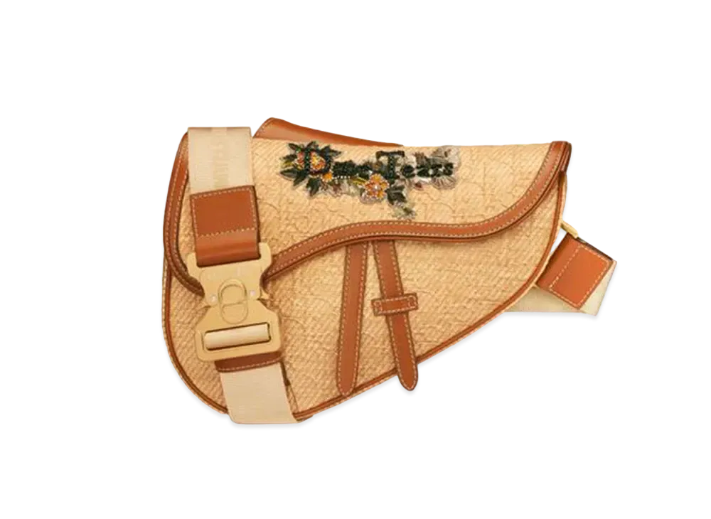 Dior Tears Saddle Bag Dior Oblique Canvas With Raffia Effect and Embroidered Signature Patch "Cognac Brown"