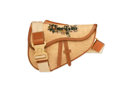 Dior Tears Saddle Bag Dior Oblique Canvas With Raffia Effect and Embroidered Signature Patch "Cognac Brown"