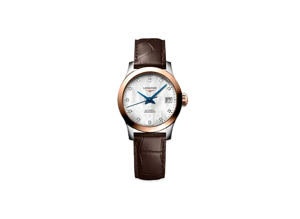Longines Record Collection 26.00 mm "White Mother-of-Pearl/Stainless Steel/Rose Gold/Brown" L2.320.5.87.2