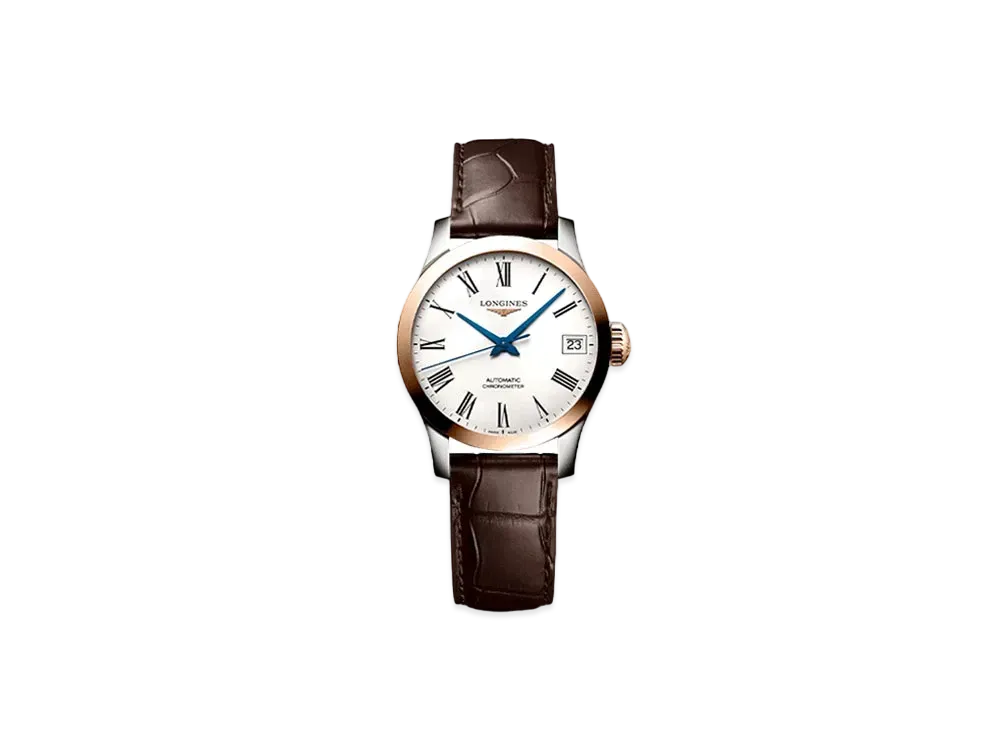 Longines Record Collection 26.00 mm "Matte White/Stainless Steel/Rose Gold/Brown" L2.320.5.11.2