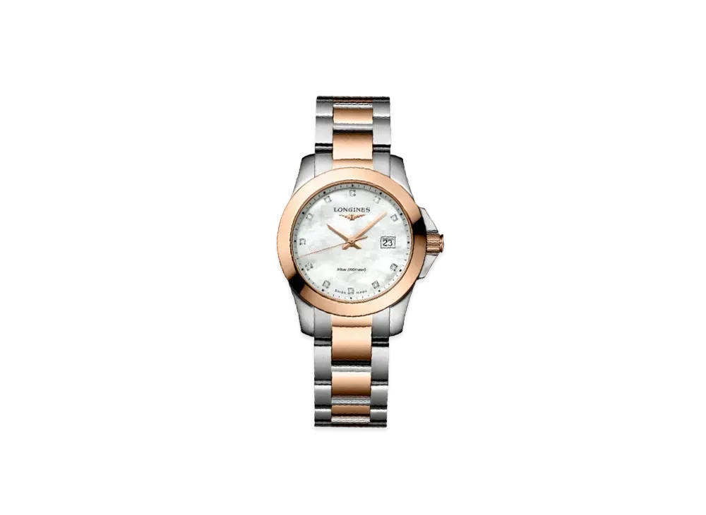 Longines Conquest 29.50mm "White Mother-of-Pearl/Red/Stainless Steel" L3.376.3.88.7