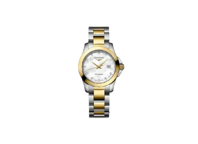 Longines Conquest 29.50mm "White Mother-of-Pearl/Yellow/Stainless Steel" L3.376.3.87.7