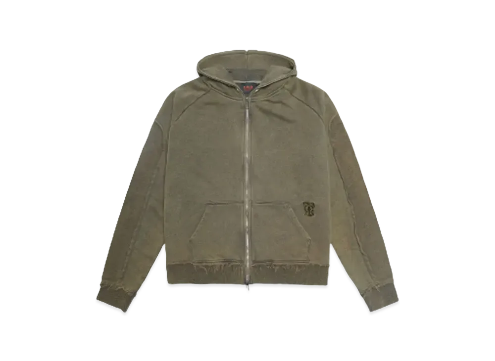 T.C.R DISTRESSED WASHED FULL-ZIP BAGGY HOODIE "KHAKI"