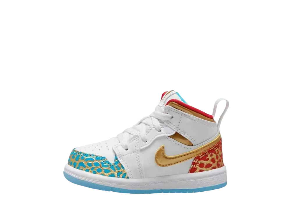 Nike TD Jordan 1 Mid SS "White/University Red/Blue Lightning/Metallic Gold"