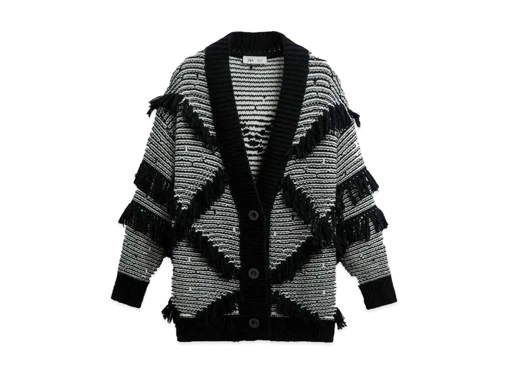 ザラ x メゾン スペシャル ジャカード カーディガン フリンジ "ブラック/エクリュ"
