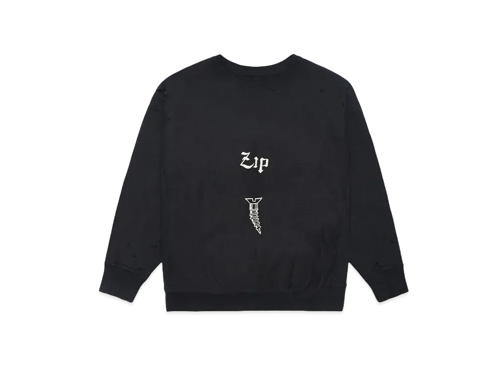 BOW WOW ZIP DAMAGED CREW SWEAT "BLACK DAMAGE"