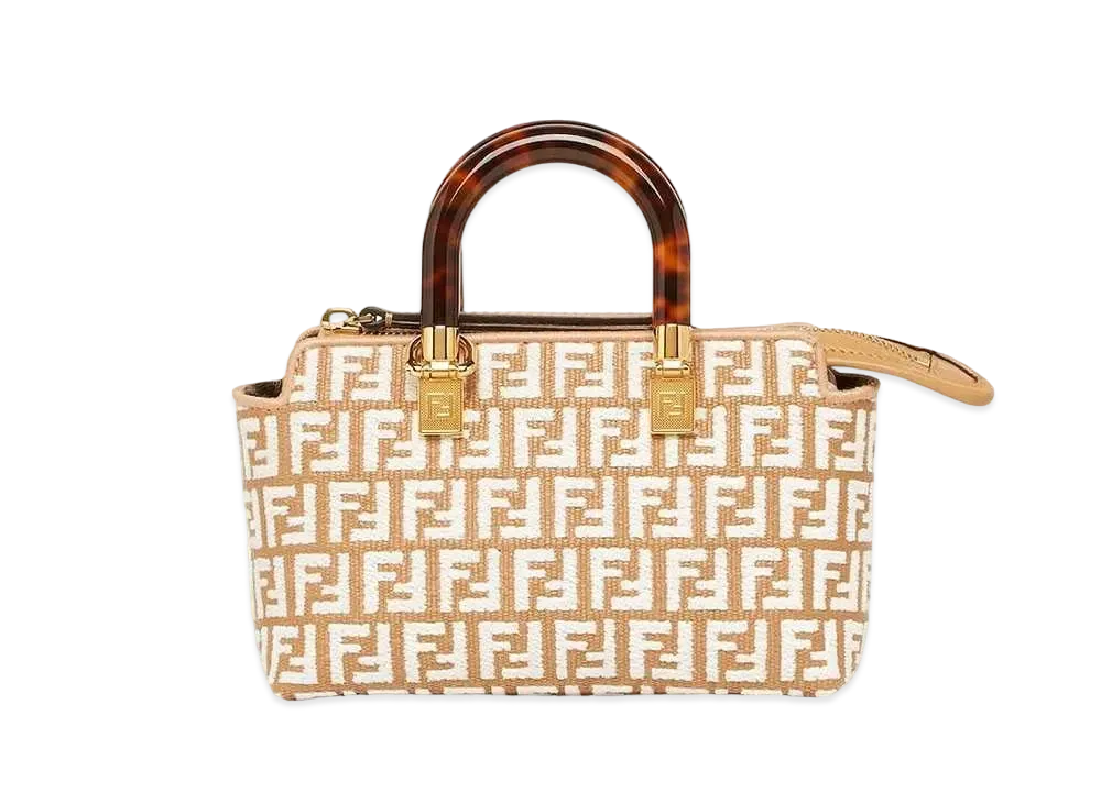 FENDI By The Way Mini Small Raffia Boston Bag With a Tapestry Fabric FF Motif "White"