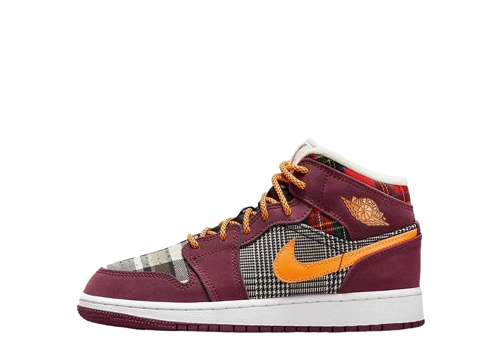 ナイキ GS エアジョーダン1 ミッド SE "ナイトマルーン/ブラック/ホワイト/トータルオレンジ"