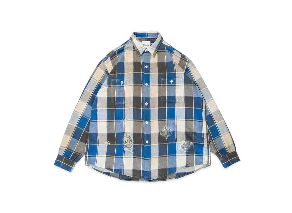 BOW WOW REPAIR AGEING FLANNEL SHIRTS "BLUE DAMAGE AGEING"
