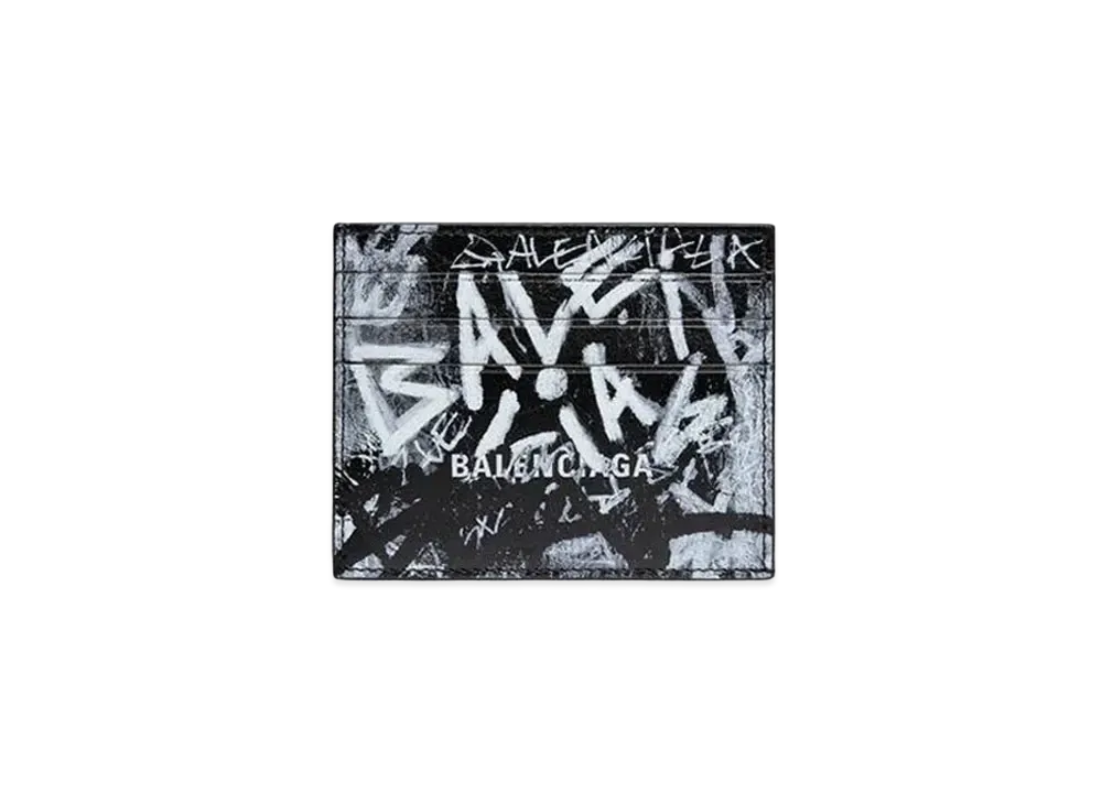 BALENCIAGA Cash Card Holder With Split Graffiti Printed Arena Lambskin "Black/White"