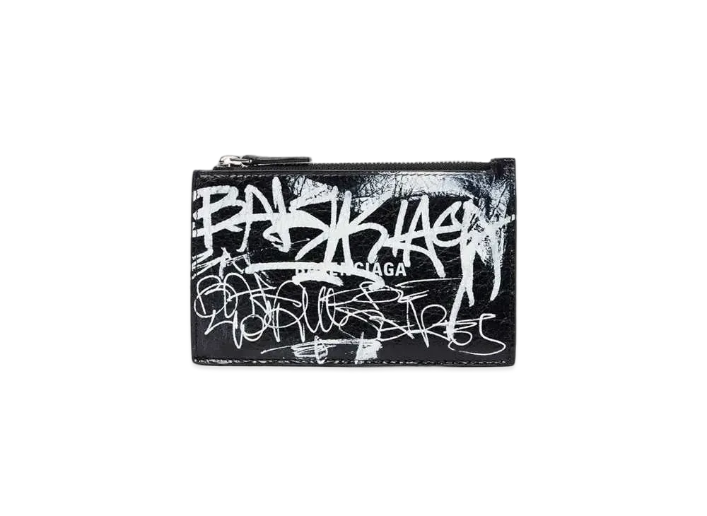 BALENCIAGA Cash Large Long Coin and Card Holder Graffiti Printed Arena Lambskin "Black/White"