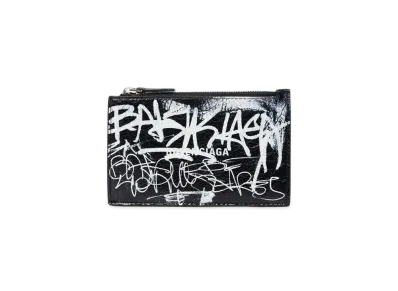 BALENCIAGA Cash Large Long Coin and Card Holder Graffiti Printed Arena Lambskin "Black/White"