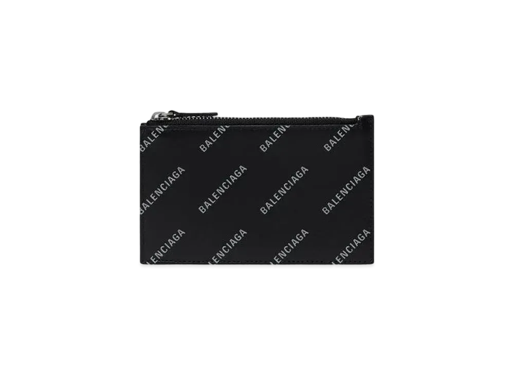 BALENCIAGA Cash Large Long Coin and Card Holder Calfskin with Reflective Allover Logo "Black"